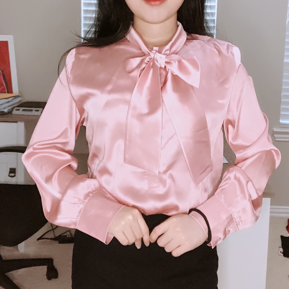 Women long sleeve silk satin bow office blouse shirt top